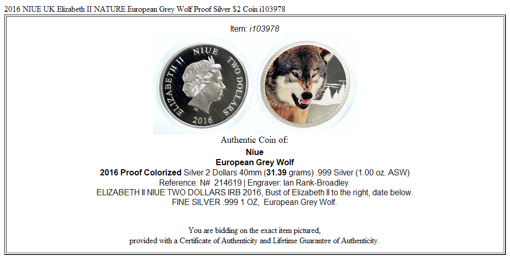 2016 NIUE UK Elizabeth II NATURE European Grey Wolf Proof Silver $2 Coin i103978