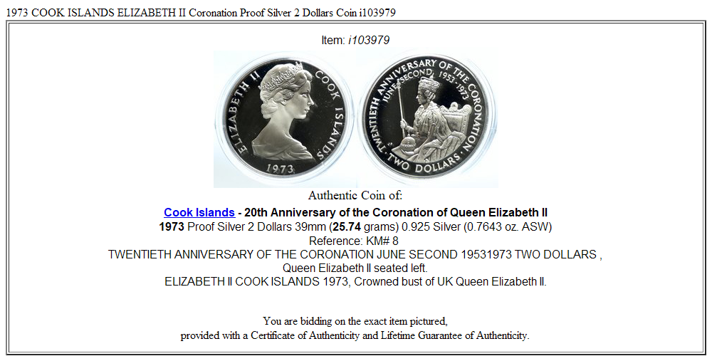 1973 COOK ISLANDS ELIZABETH II Coronation Proof Silver 2 Dollars Coin i103979