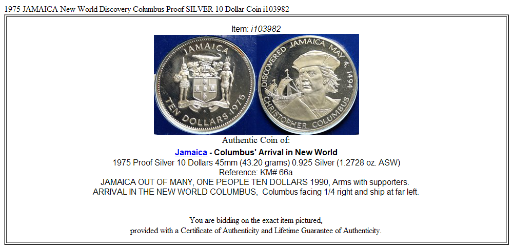 1975 JAMAICA New World Discovery Columbus Proof SILVER 10 Dollar Coin i103982