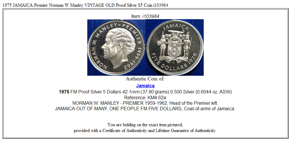 1975 JAMAICA Premier Norman W Manley VINTAGE OLD Proof Silver $5 Coin i103984