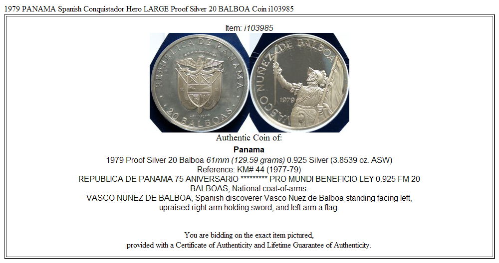 1979 PANAMA Spanish Conquistador Hero LARGE Proof Silver 20 BALBOA Coin i103985