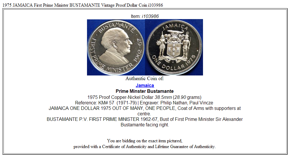 1975 JAMAICA First Prime Minister BUSTAMANTE Vintage Proof Dollar Coin i103986