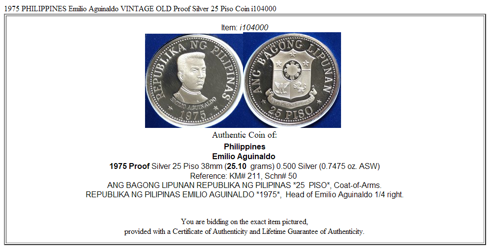 1975 PHILIPPINES Emilio Aguinaldo VINTAGE OLD Proof Silver 25 Piso Coin i104000