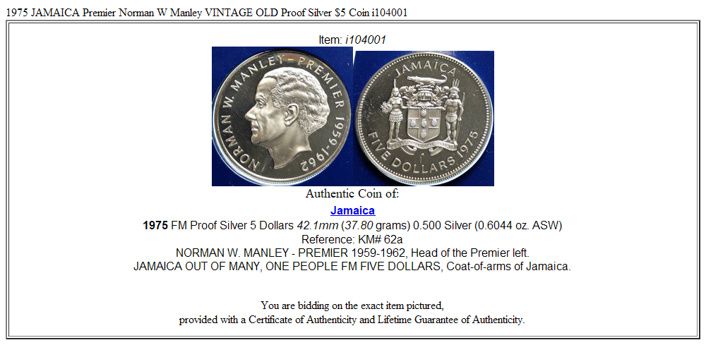 1975 JAMAICA Premier Norman W Manley VINTAGE OLD Proof Silver $5 Coin i104001