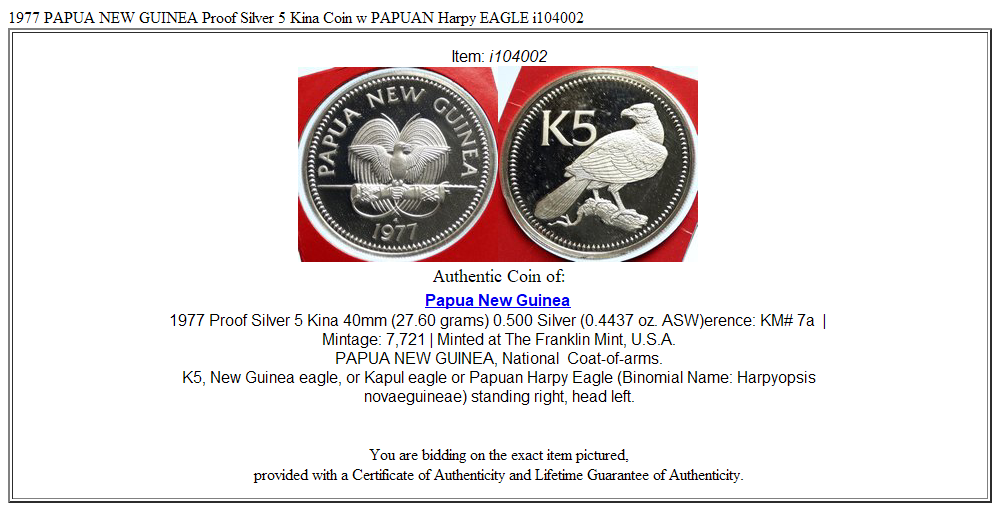 1977 PAPUA NEW GUINEA Proof Silver 5 Kina Coin w PAPUAN Harpy EAGLE i104002