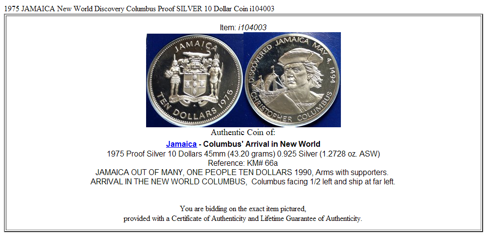 1975 JAMAICA New World Discovery Columbus Proof SILVER 10 Dollar Coin i104003