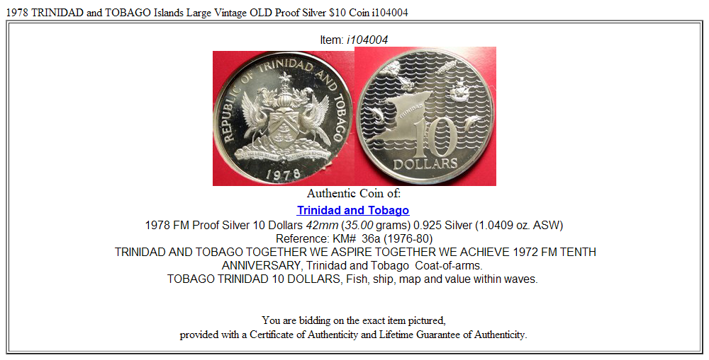 1978 TRINIDAD and TOBAGO Islands Large Vintage OLD Proof Silver $10 Coin i104004