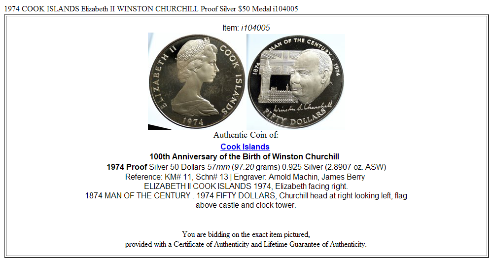 1974 COOK ISLANDS Elizabeth II WINSTON CHURCHILL Proof Silver $50 Medal i104005