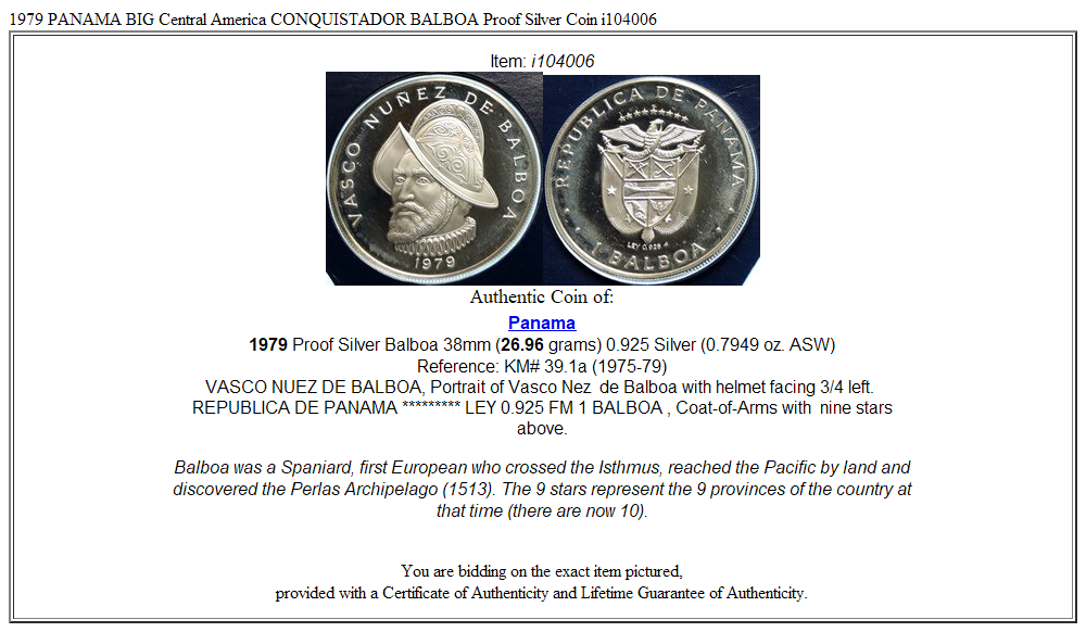 1979 PANAMA BIG Central America CONQUISTADOR BALBOA Proof Silver Coin i104006