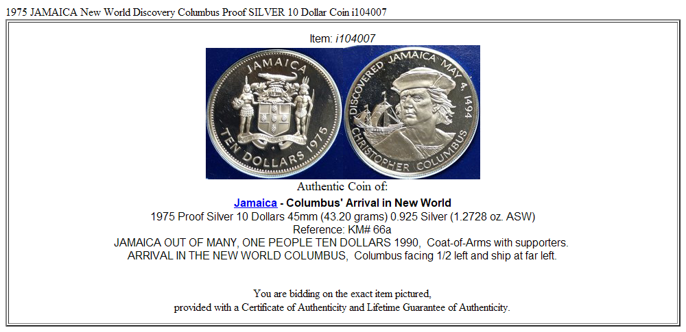 1975 JAMAICA New World Discovery Columbus Proof SILVER 10 Dollar Coin i104007