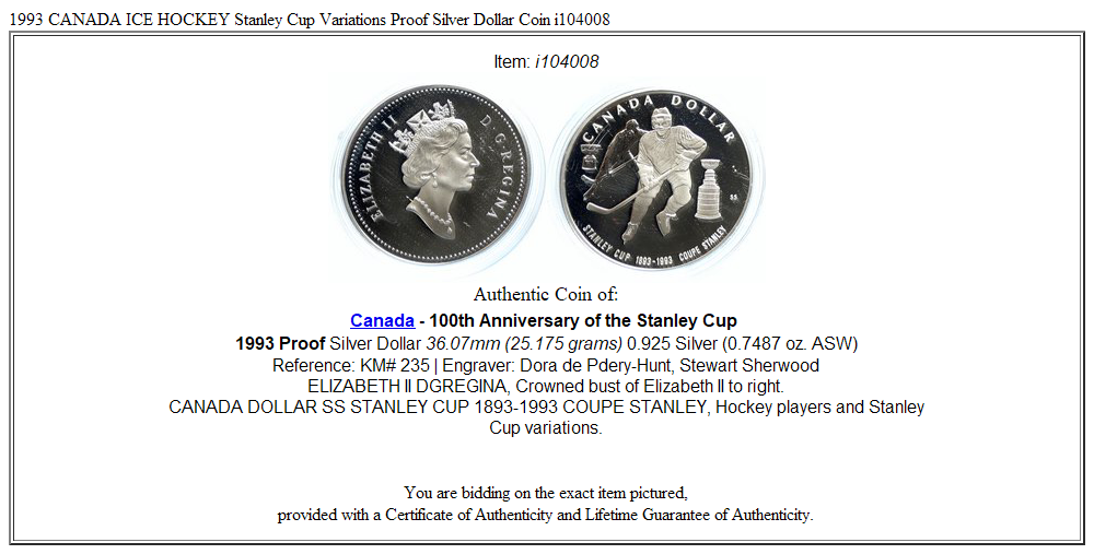 1993 CANADA ICE HOCKEY Stanley Cup Variations Proof Silver Dollar Coin i104008