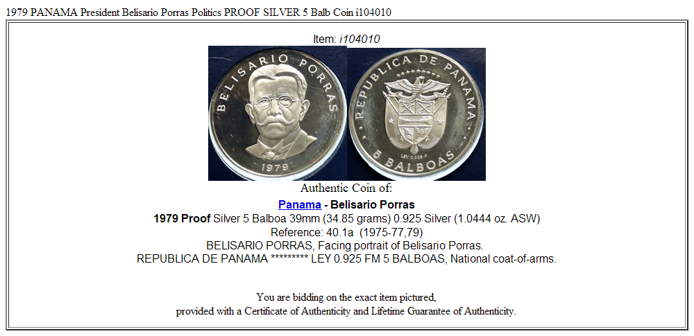 1979 PANAMA President Belisario Porras Politics PROOF SILVER 5 Balb Coin i104010