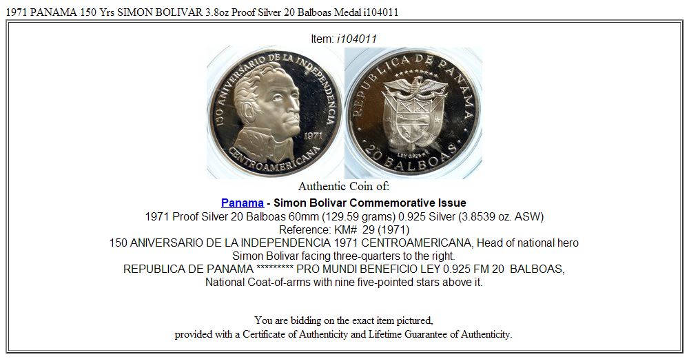 1971 PANAMA 150 Yrs SIMON BOLIVAR 3.8oz Proof Silver 20 Balboas Medal i104011