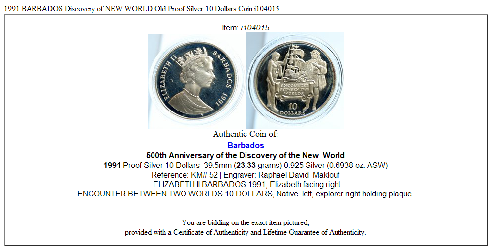 1991 BARBADOS Discovery of NEW WORLD Old Proof Silver 10 Dollars Coin i104015