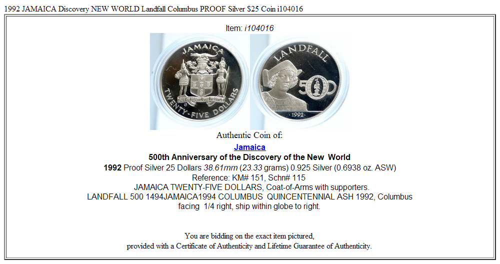 1992 JAMAICA Discovery NEW WORLD Landfall Columbus PROOF Silver $25 Coin i104016