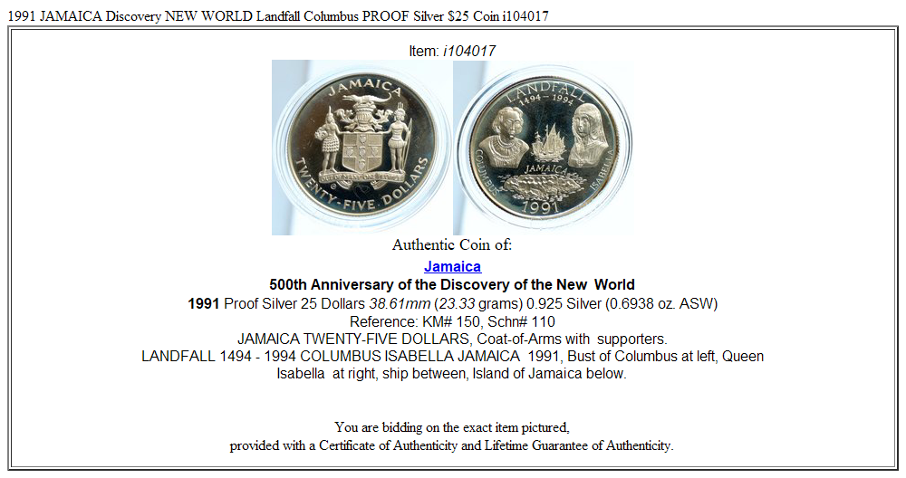 1991 JAMAICA Discovery NEW WORLD Landfall Columbus PROOF Silver $25 Coin i104017