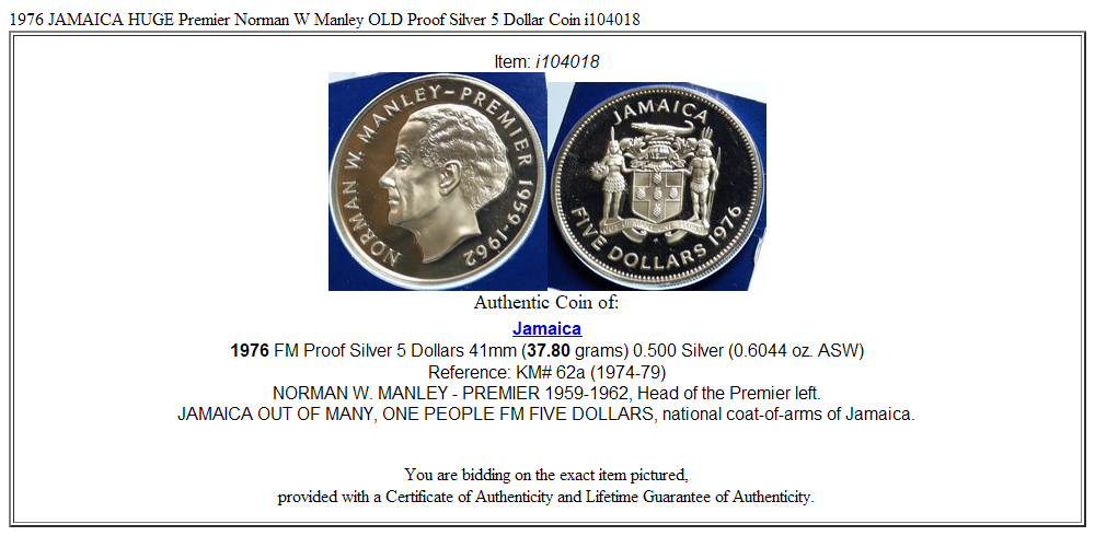 1976 JAMAICA HUGE Premier Norman W Manley OLD Proof Silver 5 Dollar Coin i104018