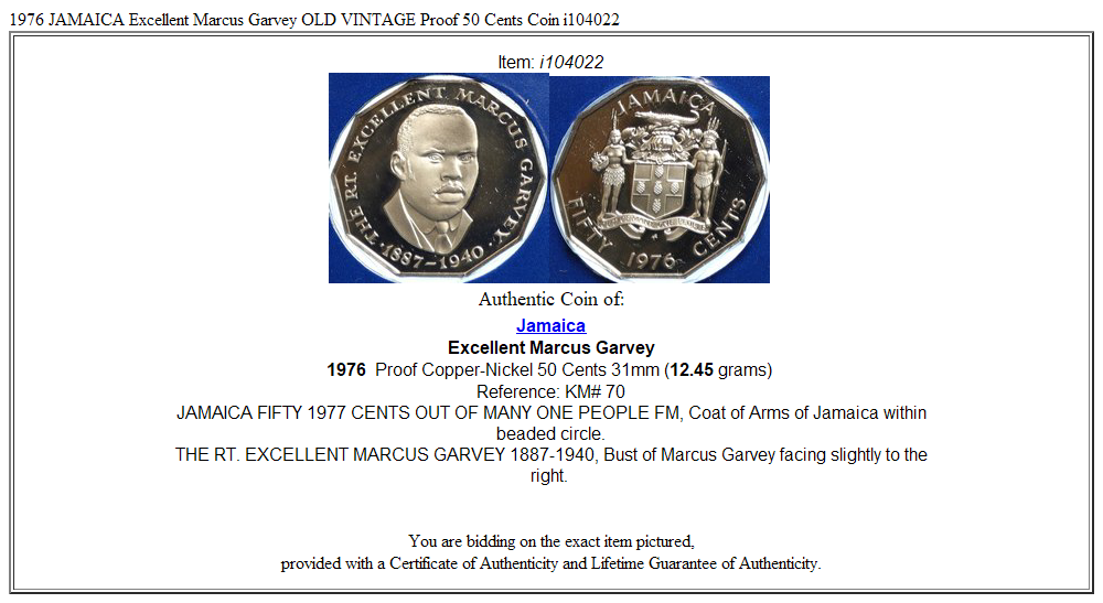 1976 JAMAICA Excellent Marcus Garvey OLD VINTAGE Proof 50 Cents Coin i104022