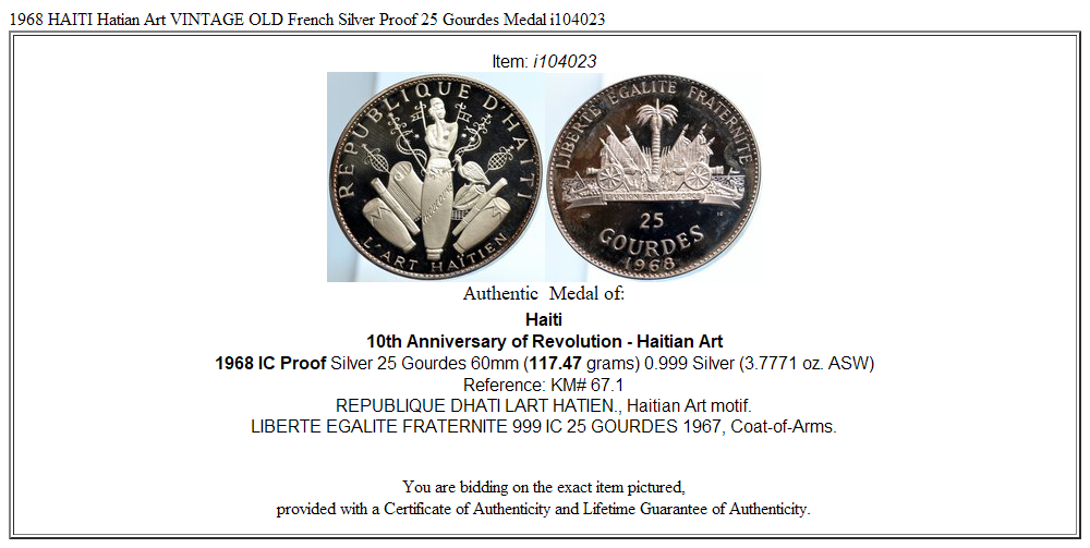 1968 HAITI Hatian Art VINTAGE OLD French Silver Proof 25 Gourdes Medal i104023