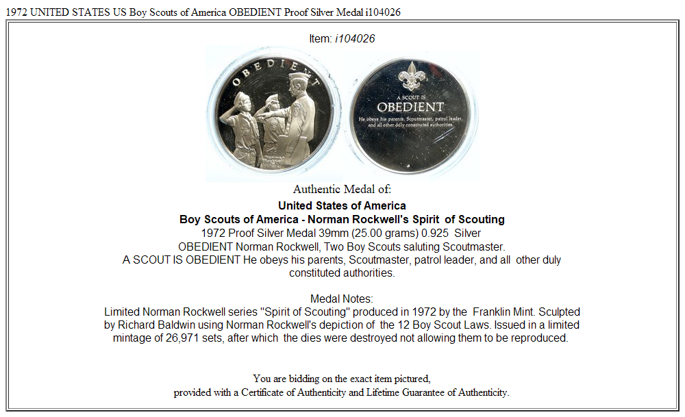 1972 UNITED STATES US Boy Scouts of America OBEDIENT Proof Silver Medal i104026