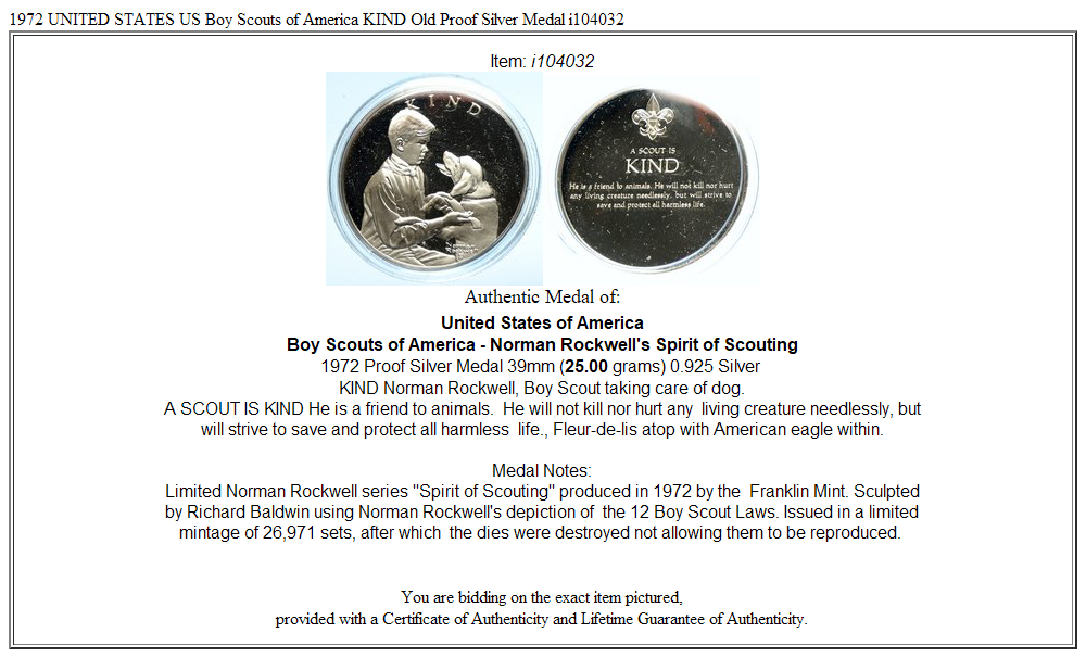 1972 UNITED STATES US Boy Scouts of America KIND Old Proof Silver Medal i104032