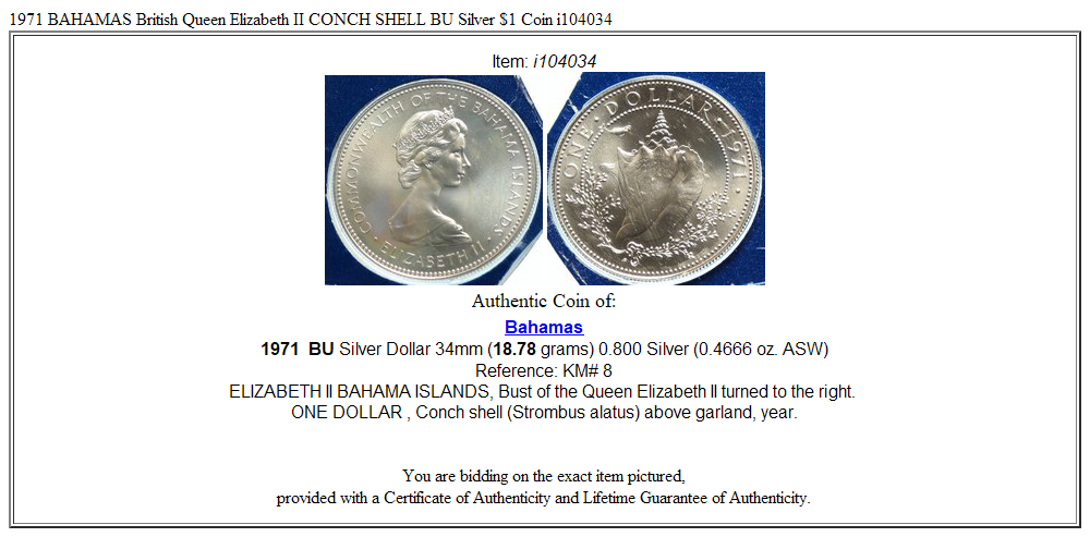 1971 BAHAMAS British Queen Elizabeth II CONCH SHELL BU Silver $1 Coin i104034