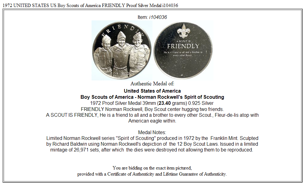 1972 UNITED STATES US Boy Scouts of America FRIENDLY Proof Silver Medal i104036