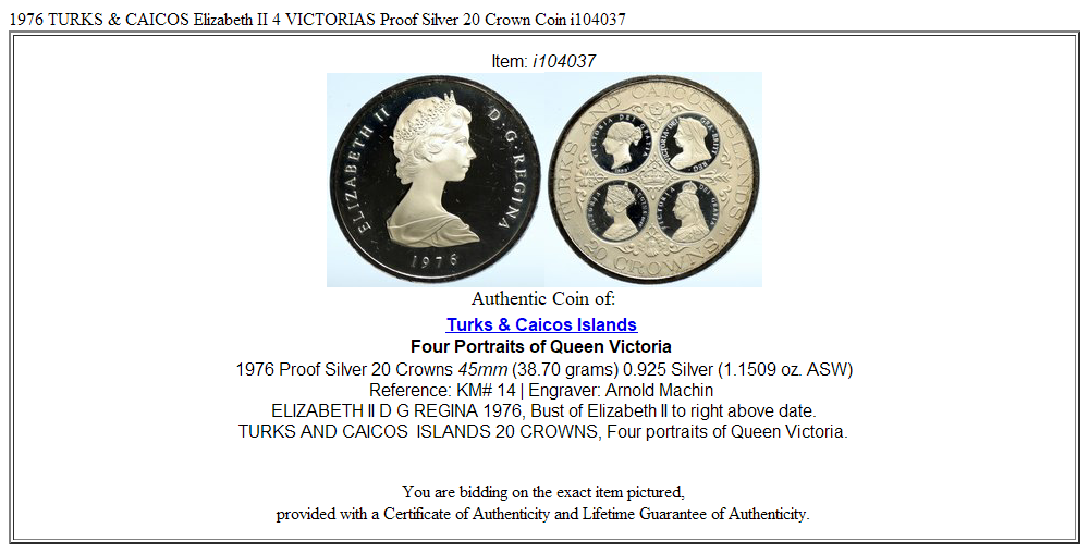 1976 TURKS & CAICOS Elizabeth II 4 VICTORIAS Proof Silver 20 Crown Coin i104037