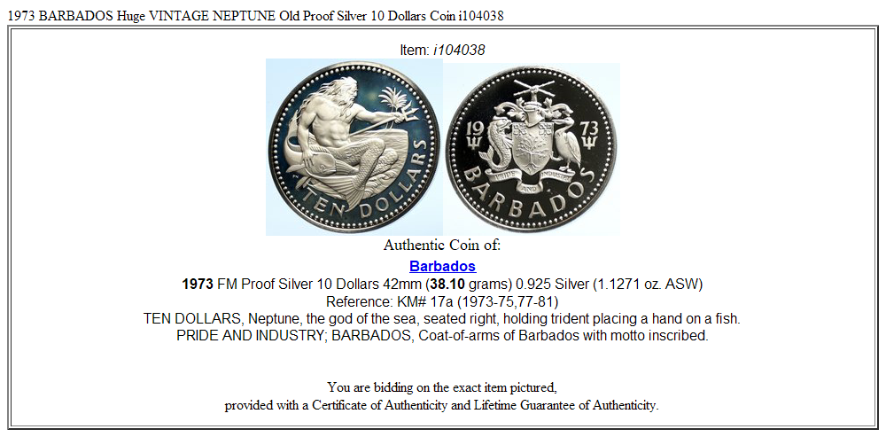 1973 BARBADOS Huge VINTAGE NEPTUNE Old Proof Silver 10 Dollars Coin i104038