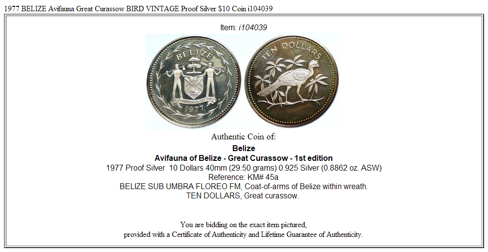 1977 BELIZE Avifauna Great Curassow BIRD VINTAGE Proof Silver $10 Coin i104039