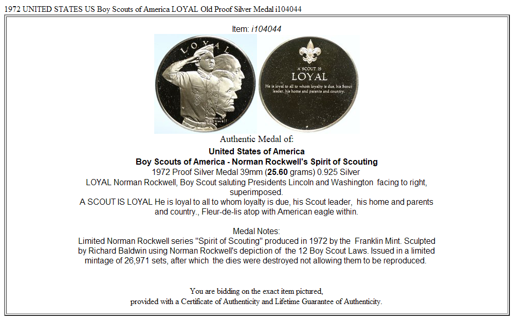 1972 UNITED STATES US Boy Scouts of America LOYAL Old Proof Silver Medal i104044