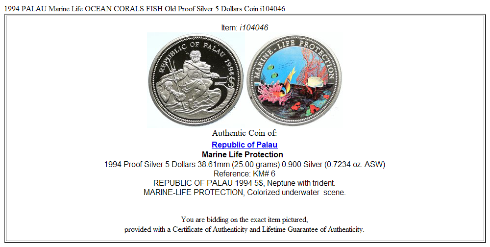 1994 PALAU Marine Life OCEAN CORALS FISH Old Proof Silver 5 Dollars Coin i104046