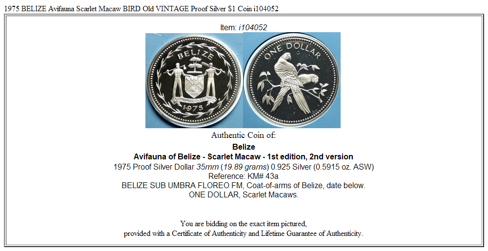 1975 BELIZE Avifauna Scarlet Macaw BIRD Old VINTAGE Proof Silver $1 Coin i104052