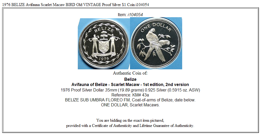 1976 BELIZE Avifauna Scarlet Macaw BIRD Old VINTAGE Proof Silver $1 Coin i104054