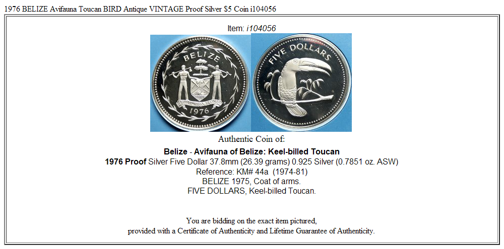 1976 BELIZE Avifauna Toucan BIRD Antique VINTAGE Proof Silver $5 Coin i104056