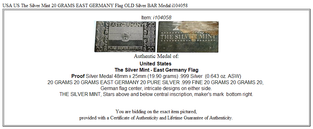 USA US The Silver Mint 20 GRAMS EAST GERMANY Flag OLD Silver BAR Medal i104058