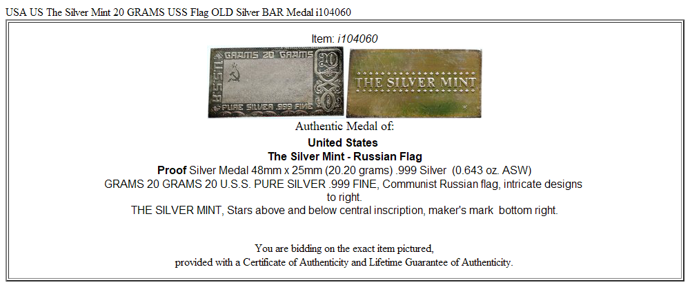 USA US The Silver Mint 20 GRAMS USS Flag OLD Silver BAR Medal i104060