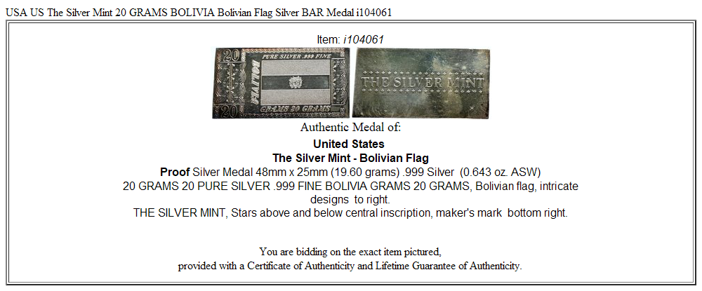 USA US The Silver Mint 20 GRAMS BOLIVIA Bolivian Flag Silver BAR Medal i104061