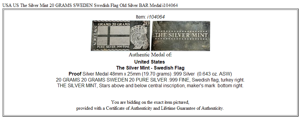 USA US The Silver Mint 20 GRAMS SWEDEN Swedish Flag Old Silver BAR Medal i104064