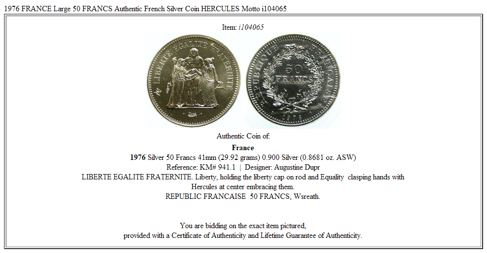 1976 FRANCE Large 50 FRANCS Authentic French Silver Coin HERCULES Motto i104065