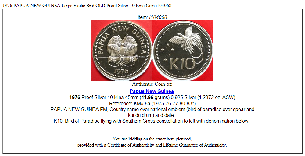 1976 PAPUA NEW GUINEA Large Exotic Bird OLD Proof Silver 10 Kina Coin i104068