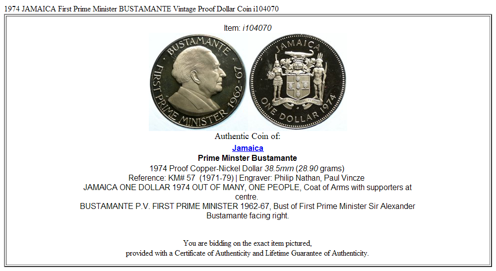 1974 JAMAICA First Prime Minister BUSTAMANTE Vintage Proof Dollar Coin i104070