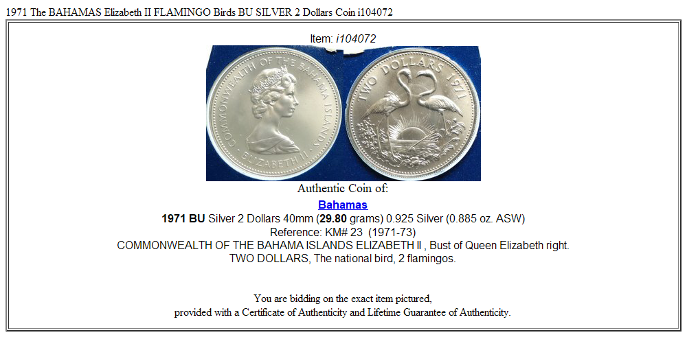 1971 The BAHAMAS Elizabeth II FLAMINGO Birds BU SILVER 2 Dollars Coin i104072