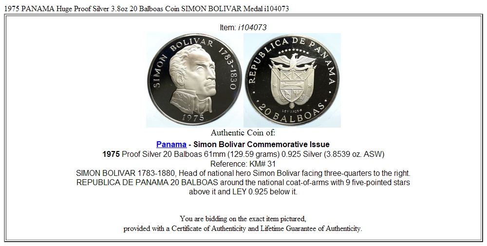 1975 PANAMA Huge Proof Silver 3.8oz 20 Balboas Coin SIMON BOLIVAR Medal i104073