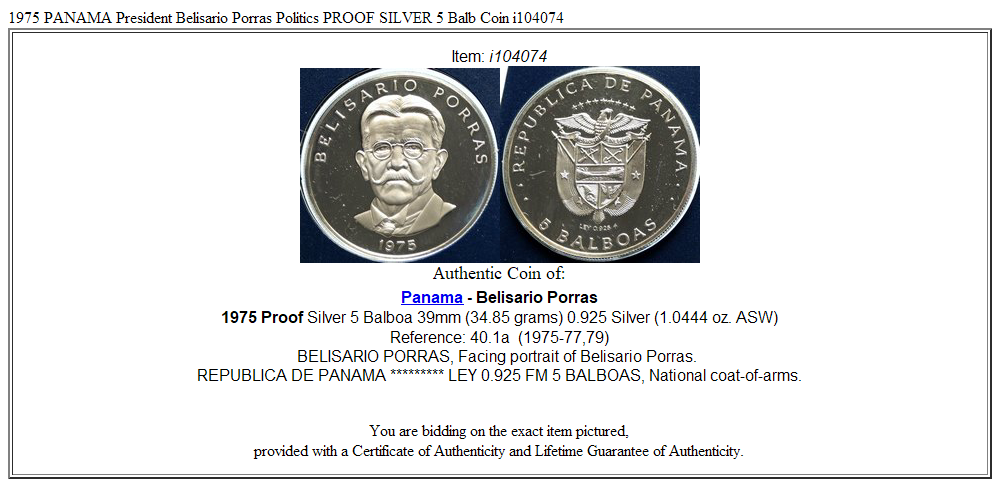 1975 PANAMA President Belisario Porras Politics PROOF SILVER 5 Balb Coin i104074