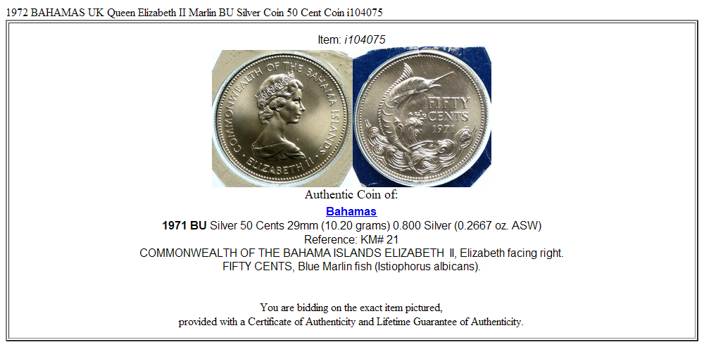 1972 BAHAMAS UK Queen Elizabeth II Marlin BU Silver Coin 50 Cent Coin i104075