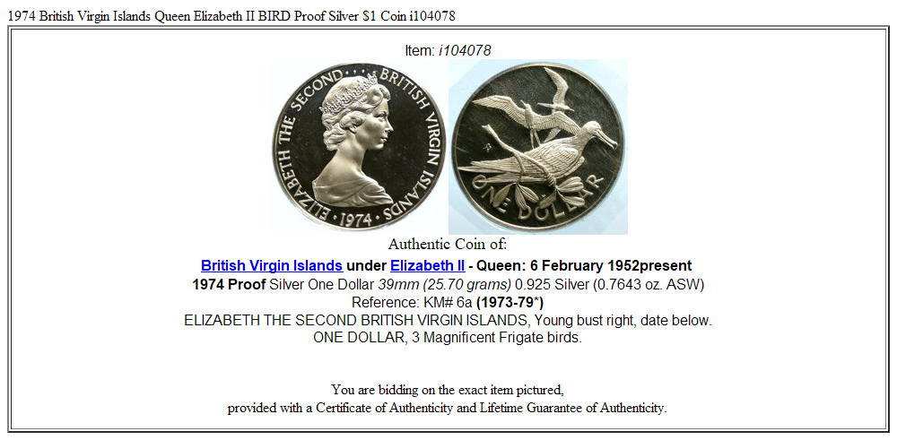 1974 British Virgin Islands Queen Elizabeth II BIRD Proof Silver $1 Coin i104078