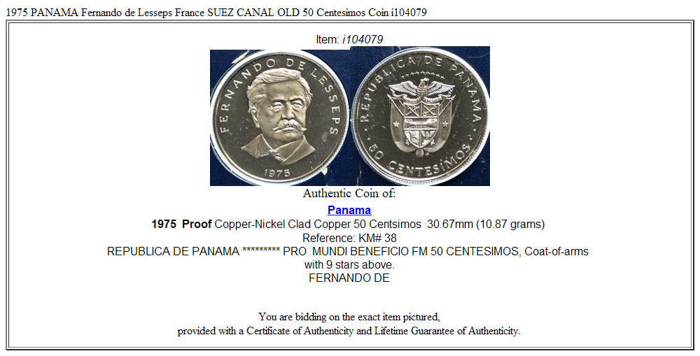 1975 PANAMA Fernando de Lesseps France SUEZ CANAL OLD 50 Centesimos Coin i104079