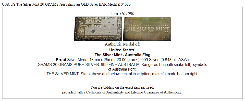 USA US The Silver Mint 20 GRAMS Australia Flag OLD Silver BAR Medal i104080