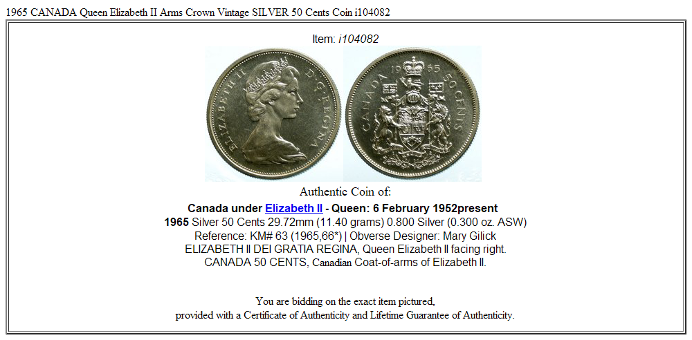 1965 CANADA Queen Elizabeth II Arms Crown Vintage SILVER 50 Cents Coin i104082